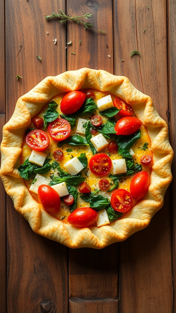 Flaky Potato Quiche Crust Recipe A golden brown potato quiche crust filled with colorful vegetables and cheese on a wooden table.